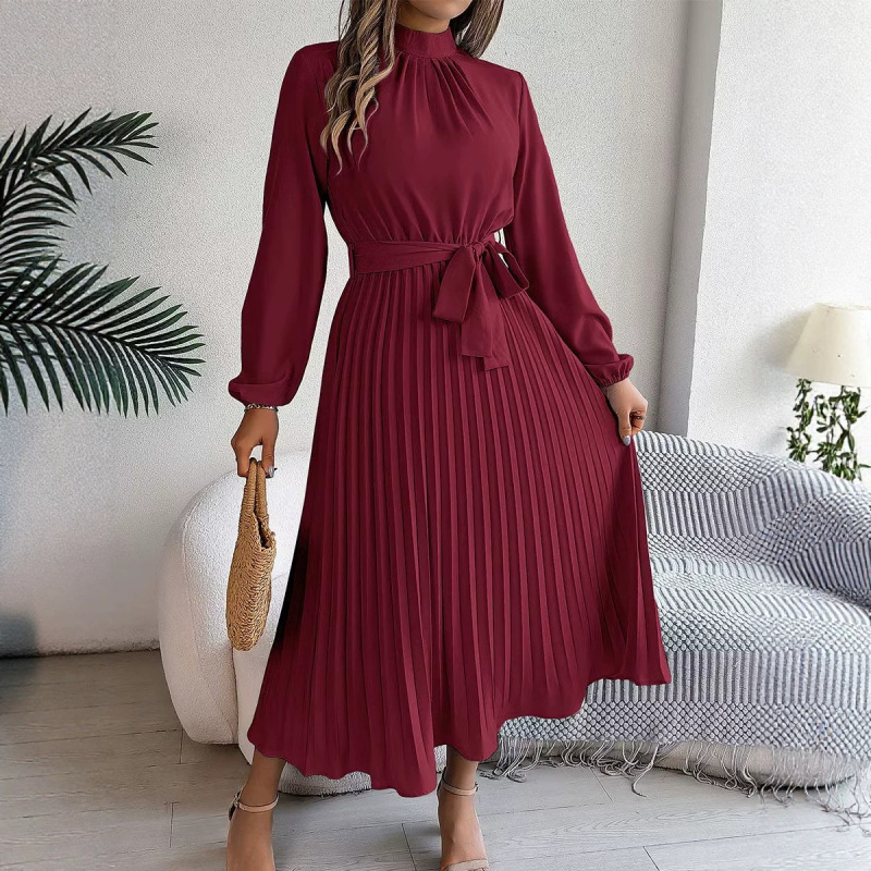 New spring and autumn collection of women's clothing for export and cross-border sales on Amazon: solid-color, high-neck, long-sleeved, pleated, waist-cinching, and tie-waist elegant dress