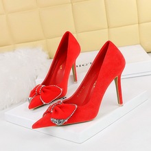 516-H31 Korean Fashion Banquet High Heels Slim Heels Women's Shoes Suede Shallow Mouth Pointed Diamond Bow Single Shoes