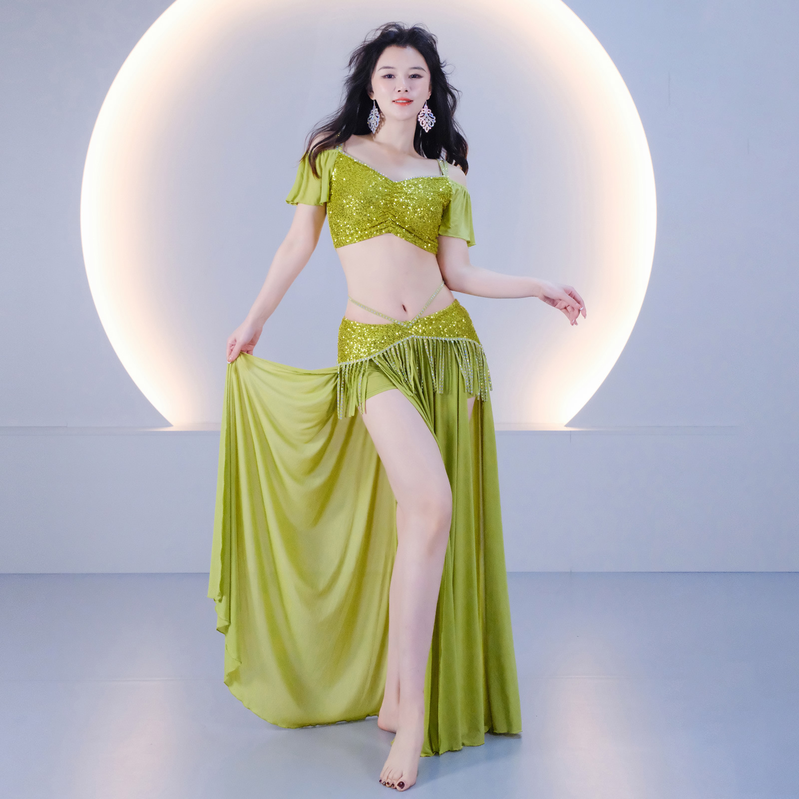 Lime green [honey face/2-piece set] top + skirt skirt comes with safety pants / M