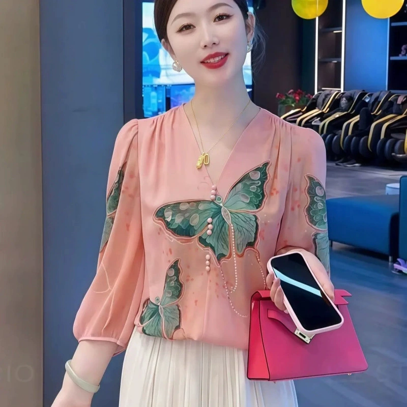 Новый рукав с принтом блузка рубашка бабочка воротник шифон дно тонкий возраст V дикий женский рубашка 2025