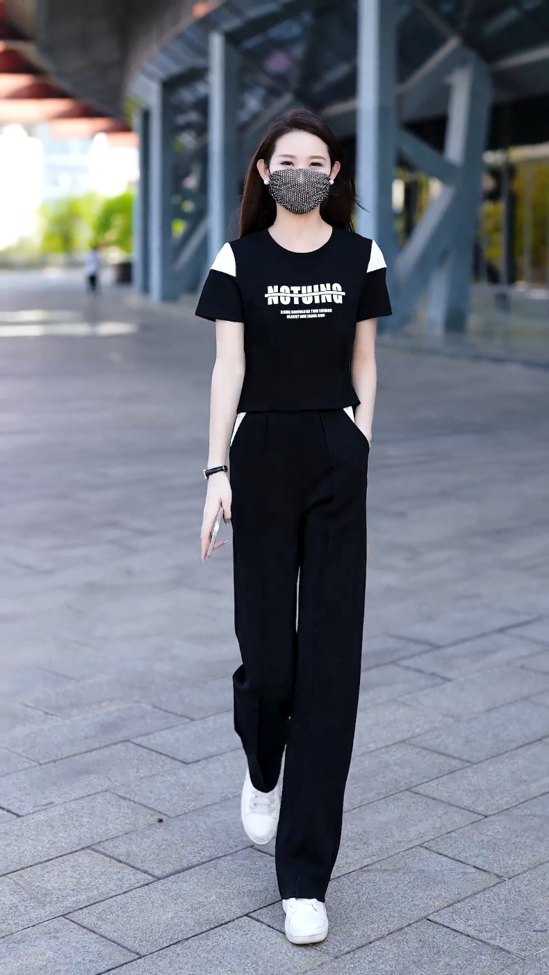 Women's Contrast Color Casual Sports Suit Short Sleeved Top And Wide Leg Pants Two Piece Set Stylish Slimming Trendy 2026_ecoleips.com