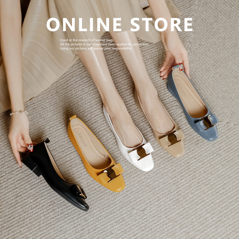 Pregnant Women Can Wear 2025 New Comfortable Buckle Multicolor Pointed Retro Thick Heel Shallow Mouth Low Heel Korean Style All-match Single-layer Shoes