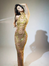 跨境奢华烫钻生日派对礼服网纱透视长裙明星时尚舞台演出连衣裙