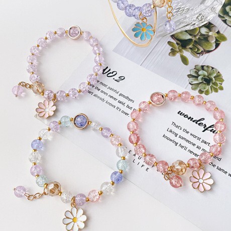 Drainage Ceremony Popcorn Crystal Bracelet Women's Pink Crystal Sun Flower Sister Best Friend Student Bracelet Daisy Bracelet