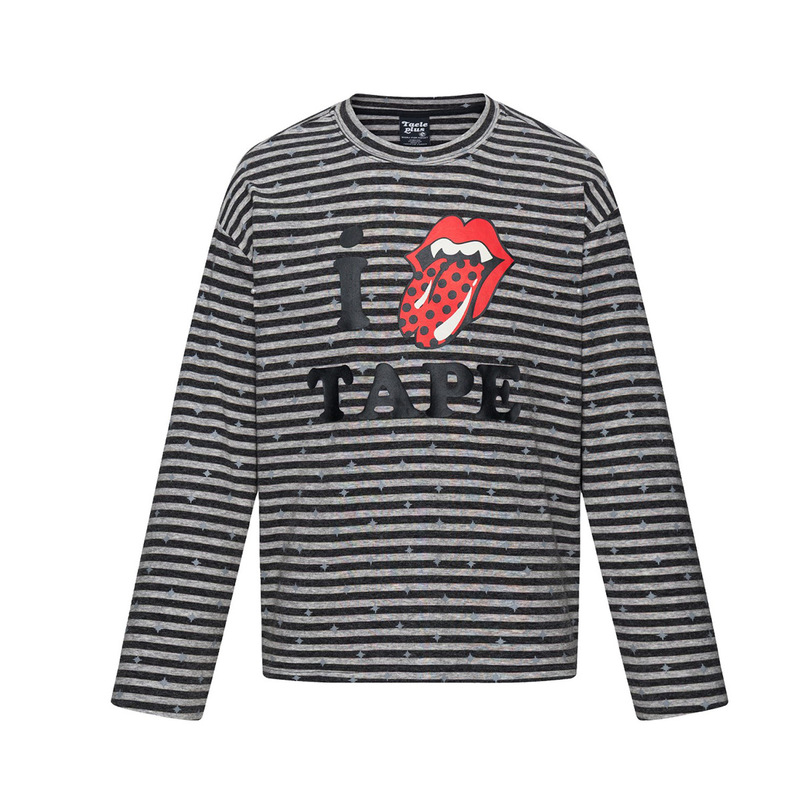 Magic Bear American Light Retro Rolling Stone Big Tongue Print Long Sleeve Men's T-Shirt with Regular Shoulders and Round Neck Striped Base Shirt Magic Bear American Light Retro Rolling Stone Big Tongue Print Long Sleeve Men's T-Shirt with Regular Shoulders and Round Neck Striped Base Shirt