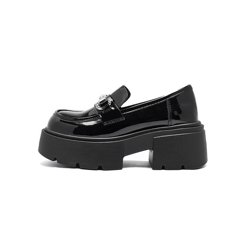 Mocasines de suela gruesa Augu Shiden para mujer, otoño 2025, nuevo estilo británico, zapatos de tacón grueso, zapatos de cuero negro brillante