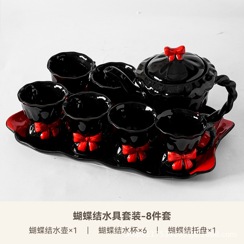 Una olla de cerámica, cuatro tazas de juego de té, caja de regalo de inauguración de la casa, lazo pintado a mano, taza de té de la tarde, regalo de boda
