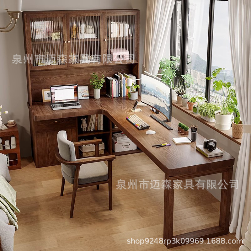Solid Wood Corner Computer Desk Desk Bookcase Integrated Desktop Table L-shaped Study Table Bedroom Window Table Workbench
