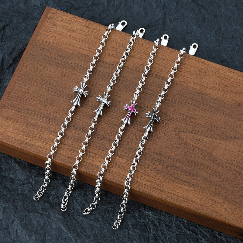 Punk hipster all-match Cross Bracelet Men's 925 sterling silver vintage inlaid personality Hip Hop couple jewelry