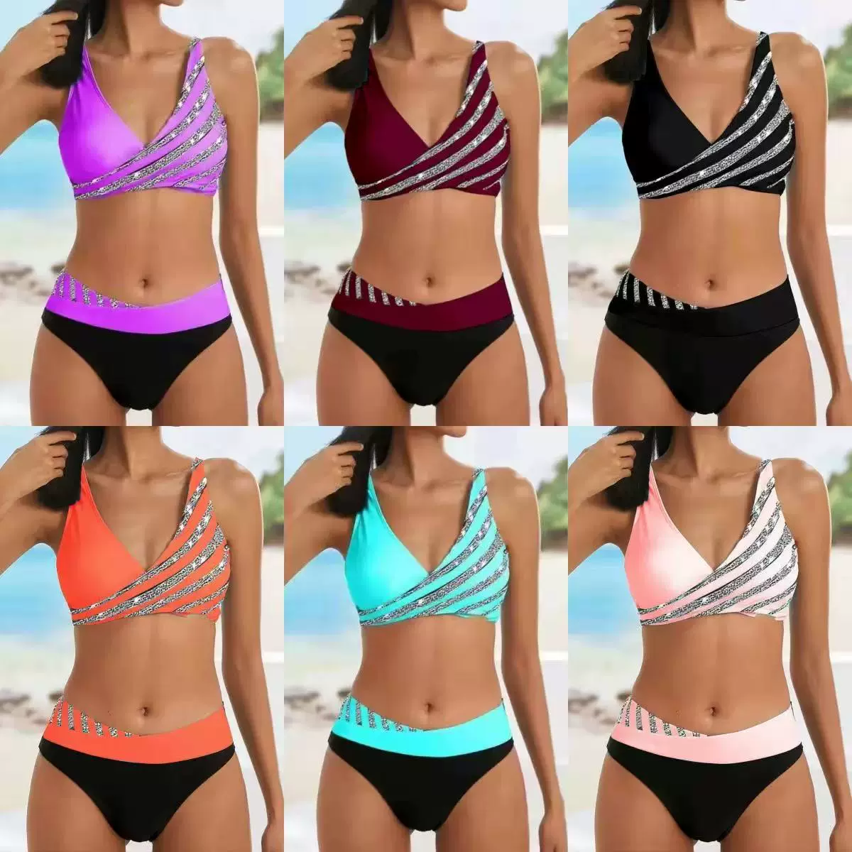 2025高腰比基尼欧美分体印花泳衣女性感聚拢bikini亚马逊贴钻泳装