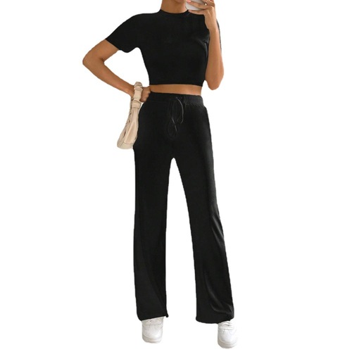 Cross-border 2024 new European and American clothing Amazon truncated slim knitted short-sleeved high-waisted wide-leg trousers two-piece set
