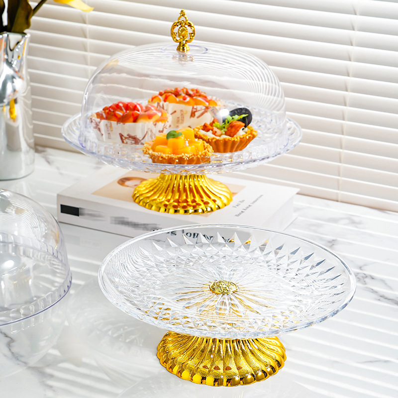 Bandeja de pastel redonda de plástico transparente de estilo europeo, mesa de exhibición de postres, bandeja de postre de fruta de pie alto creativo, adornos con tapa
