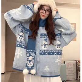 圆领长袖毛衣外套女秋季趣味雪人费尔岛新款慵懒两件套针织开衫