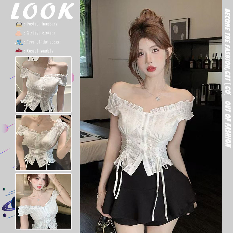 Summer Pure Desire Style White Ruffled Lace Sleeveless Blouse for Women, One-Shoulder Two-Way Wear, Waist-Cinching Drawstring Top Summer Pure Desire Style White Ruffled Lace Sleeveless Blouse for Women, One-Shoulder Two-Way Wear, Waist-Cinching Drawstring Top
