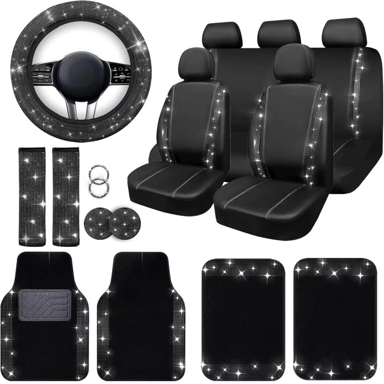 Cubierta de asiento de coche transfronteriza cuero brillante diamante coche almohadilla coche volante cubierta interior accesorios 20 unidades conjunto