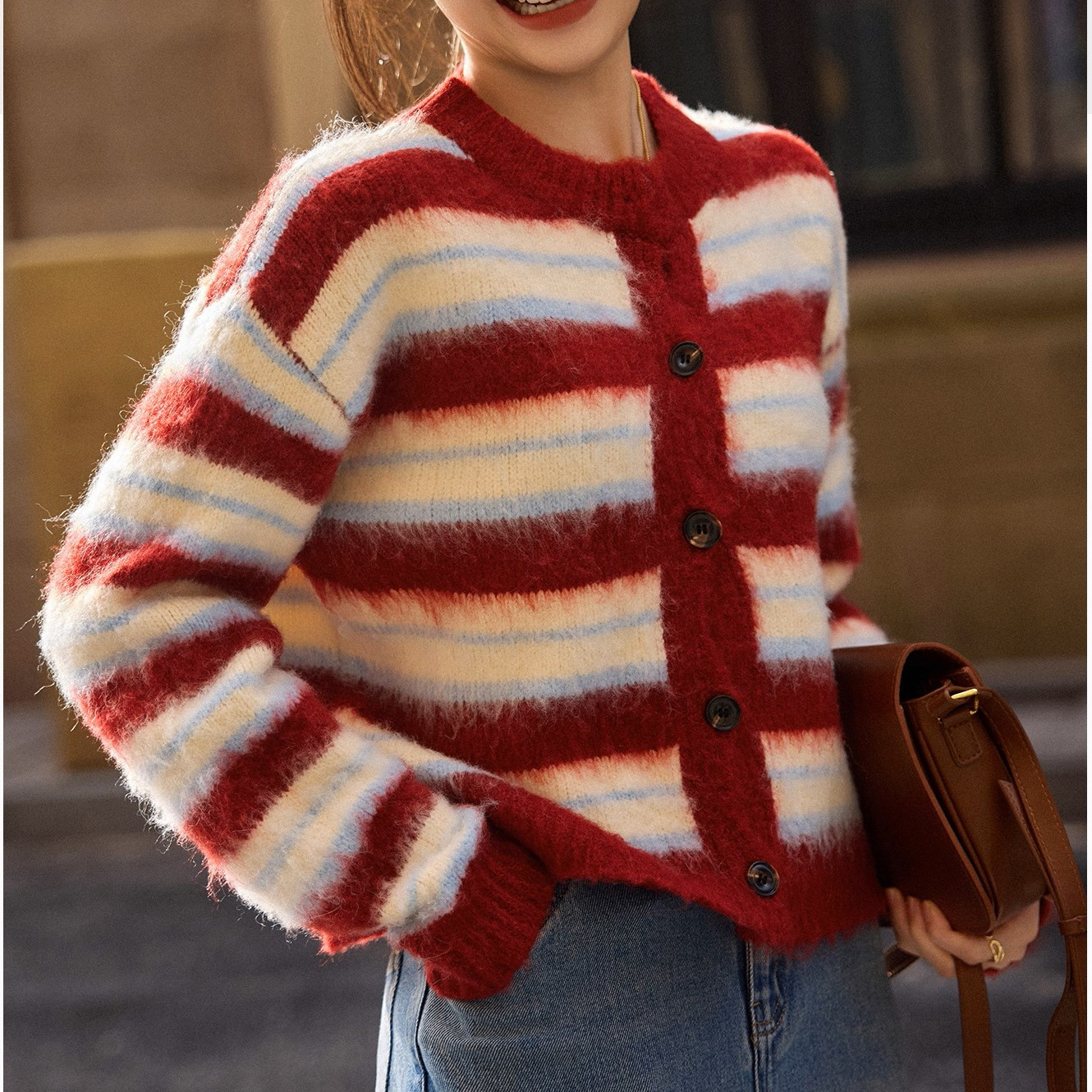 百家好慵懒风软糯针织开衫新年红色条纹毛衣女士秋冬季开衫百搭款