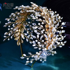 優拉潘 手工鑲珍珠頭飾金色樹葉水鑽盤發發箍新娘婚禮髮飾品HP322