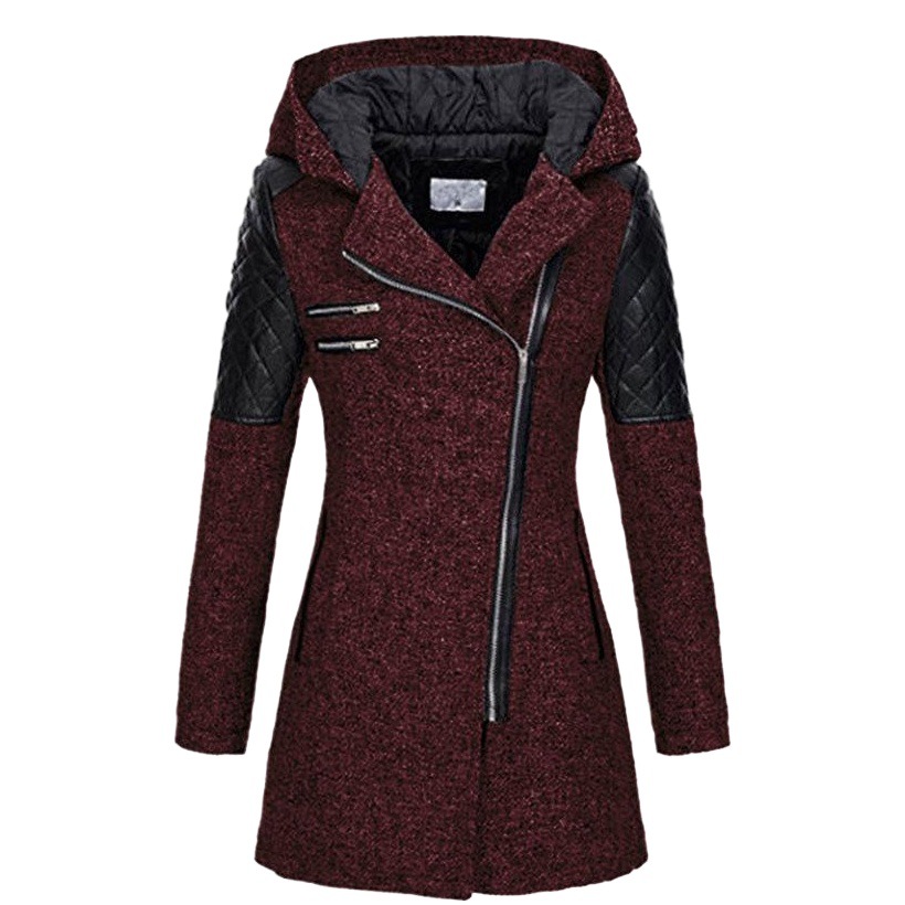 Comercio exterior popular europeo y americano nueva cremallera oblicua con capucha engrosada abrigo de lana de mujer cálida gabardina de mujer de longitud media
