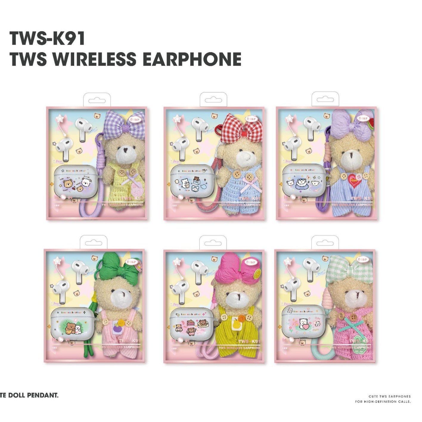 跨境新款TWS-K91入耳式无线蓝牙耳机5.4小熊蝴蝶结挂件硅胶保护壳