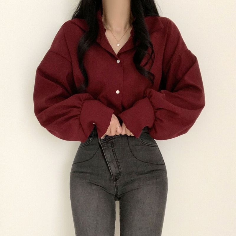 パフスリーブ、ラペル、プロ仕様の白シャツ、女性デザイン、春と秋の大きいサイズのインナーレイヤリングシャツ|undefined