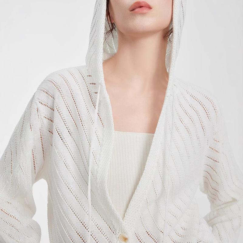 French-style Elegant Stripe Hooded Knitwear Women's Spring and Summer Thin Hollow-out Commuter Loose Coat Elegant Top French-style Elegant Stripe Hooded Knitwear Women's Spring and Summer Thin Hollow-out Commuter Loose Coat Elegant Top