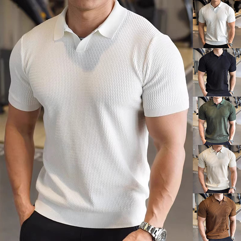 Camiseta POLO de punto con cuello en V y manga corta para hombre, estilo empresarial texturizado con cuello vuelto, camiseta de seda helada de verano, seda helada de secado rápido a la moda al por mayor.