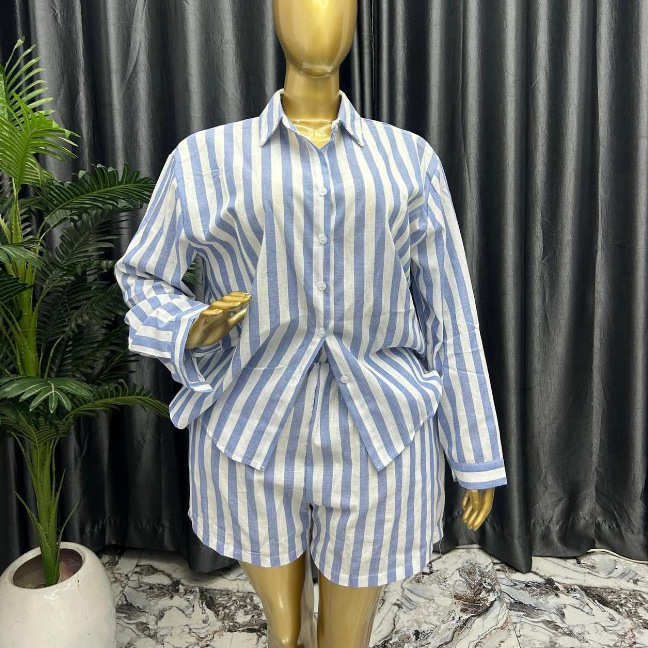 European and American Style Striped Shirt and Shorts, Loose Fashion Casual Set, Linen Set Plus Size