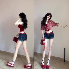 套装女2025夏季纯欲风辣妹长袖防晒格子衬衫外套内搭背心牛仔短裤