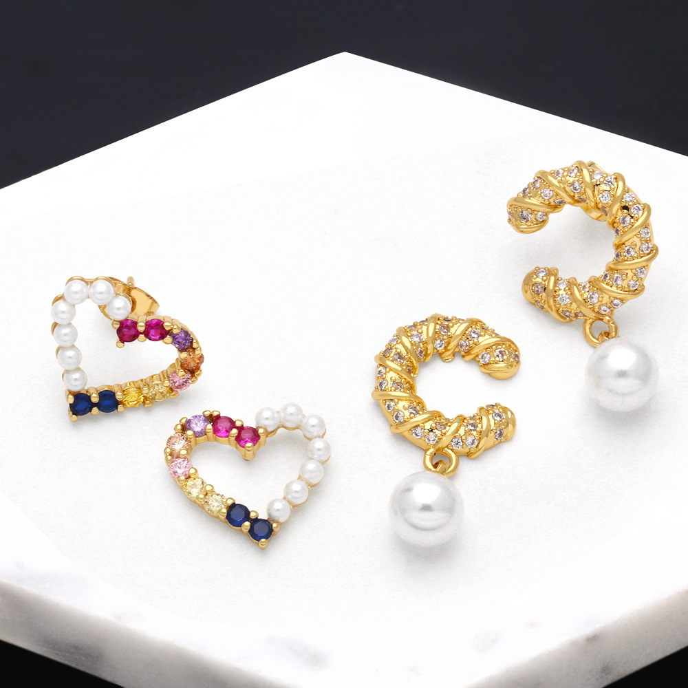 Fashion Heart Shape Copper Ear Studs Pearl Inlay Zircon Copper Earrings
