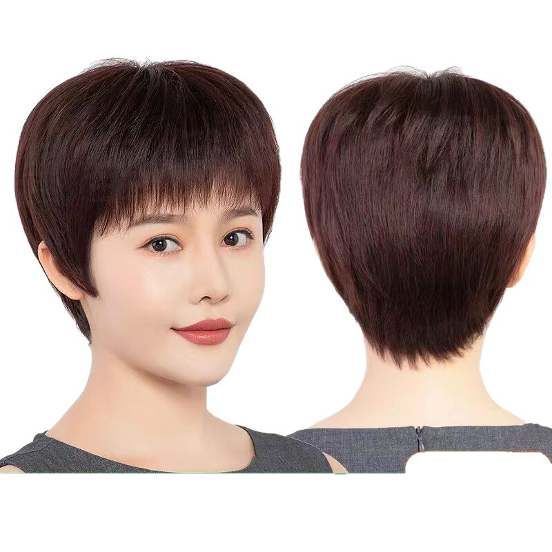 夏用軽量ウィッグ 女性用フルウィッグ ショートストレートヘア 中高年ママ向け 本物の髪の通気性ウィッグ|undefined