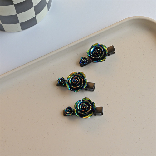 Dark Mode Sweet Cool Rose Hair Clips, Edgy Harajuku Girl, Black Y2K Laser Hair Accessories, Side Clips