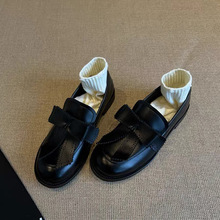 牛皮版~圆头蝴蝶结英伦风乐福鞋一脚蹬复古学院单鞋低跟小皮鞋女