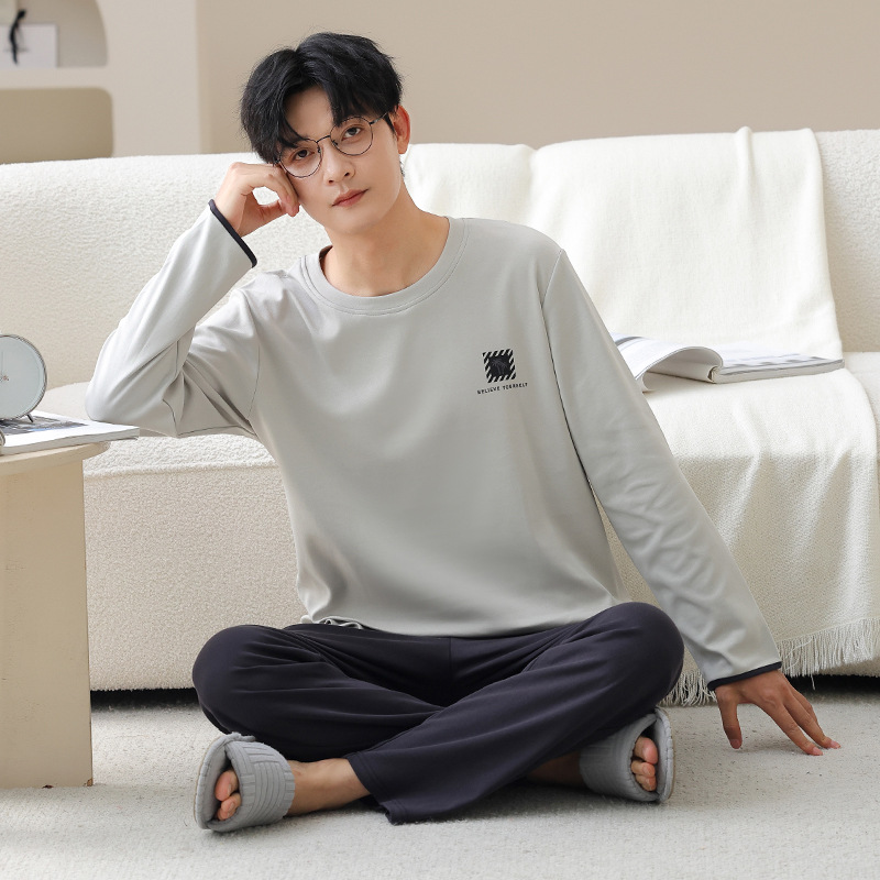 100% Double-Sided Cotton Pajamas for Men in Autumn and Winter Long-Sleeved Printed Cartoon Pullover Youth Home Wear Outer Wear Suit
