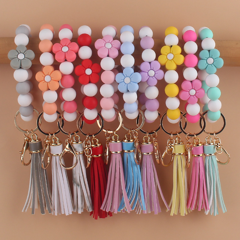 New Cartoon Silicone flower bracelet keychain creative DIY colorful beaded wrist bracelet key ring accessories