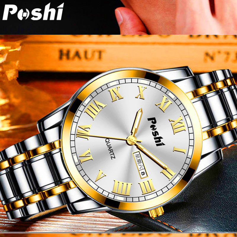 Reloj de cuarzo de negocios reloj de cuarzo resistente al agua movimiento automático reloj de hombre POSHI moda luminoso doble calendario reloj
