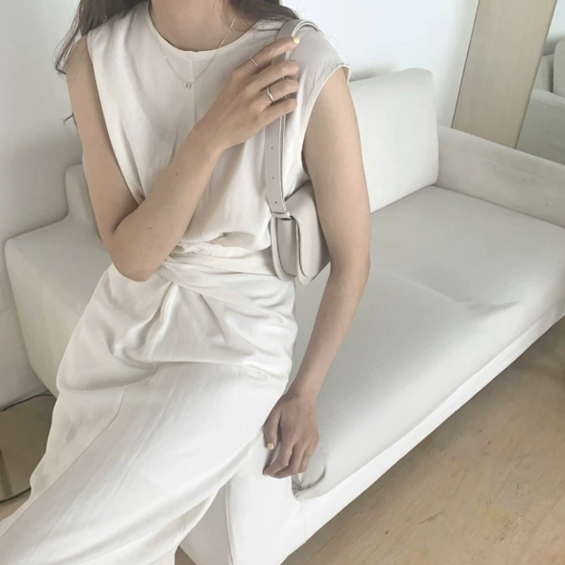 В наличии Корейское винтажное платье без рукавов из льна и хлопка с перекрестными завязками, разрезом сзади и боковыми карманами