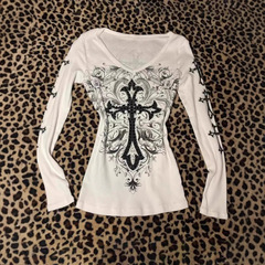 Y 2kギャルのクロスプリントのアメリカ女性秋冬亜比文化はやせて腰の白いtシャツの上着の潮を収めます。