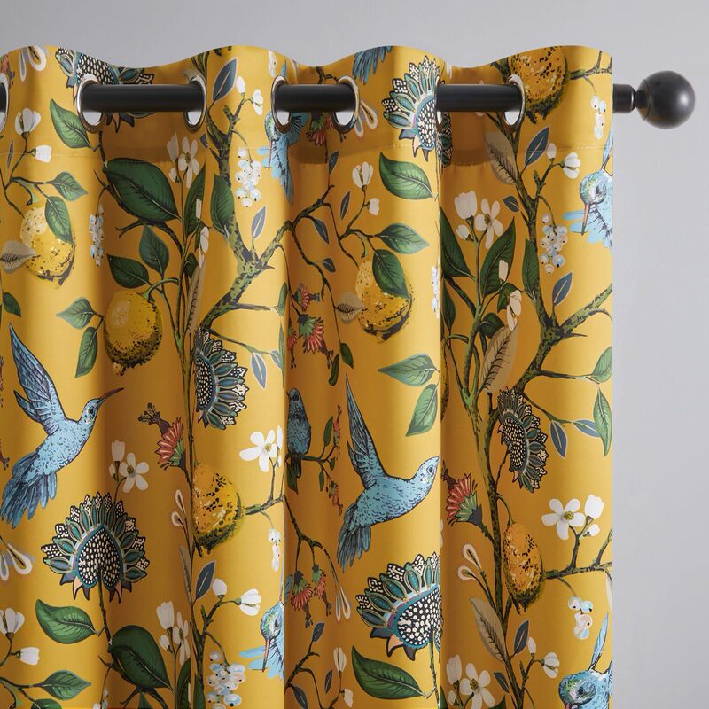Cross-Border Mustard Yellow Whimsical Floral Lemon Hummingbird Digital Print Curtains for Bedroom and Living Room, Brushed Fabric Curtains Manufacturer