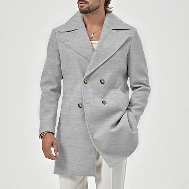 Men's suit collar medium length men's casual solid color versatile windbreaker coat_voghion.com
