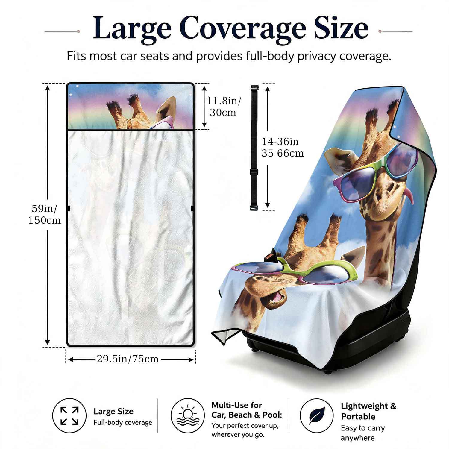 Printed bath towel and car seat cover 2-in-1, ultra-fine fiber outdoor beach and car dual-use universal seat cushion