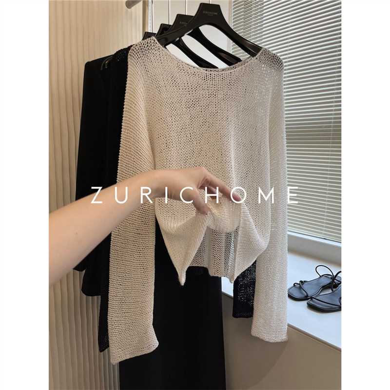 Casual and Relaxed Style, Coarse Knit, Simple Linen, Hollow-Out Long-Sleeve, Short Summer Knit Blouse, Lazy Style