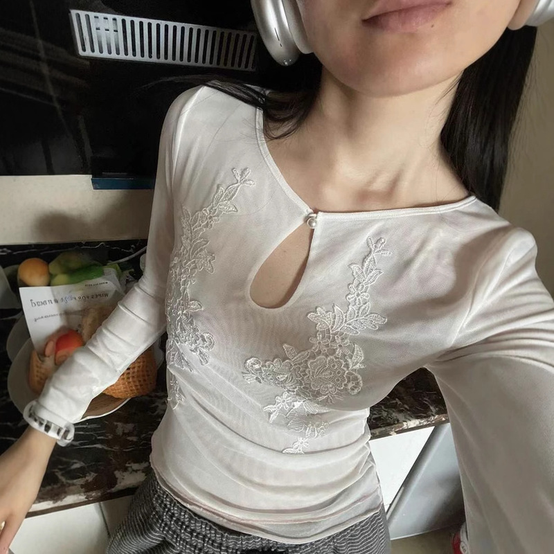 Factory Ready Stock New Chinese Style Summer Design Sheer Mesh Heavy Embroidery Slim Fit Long Sleeve Top