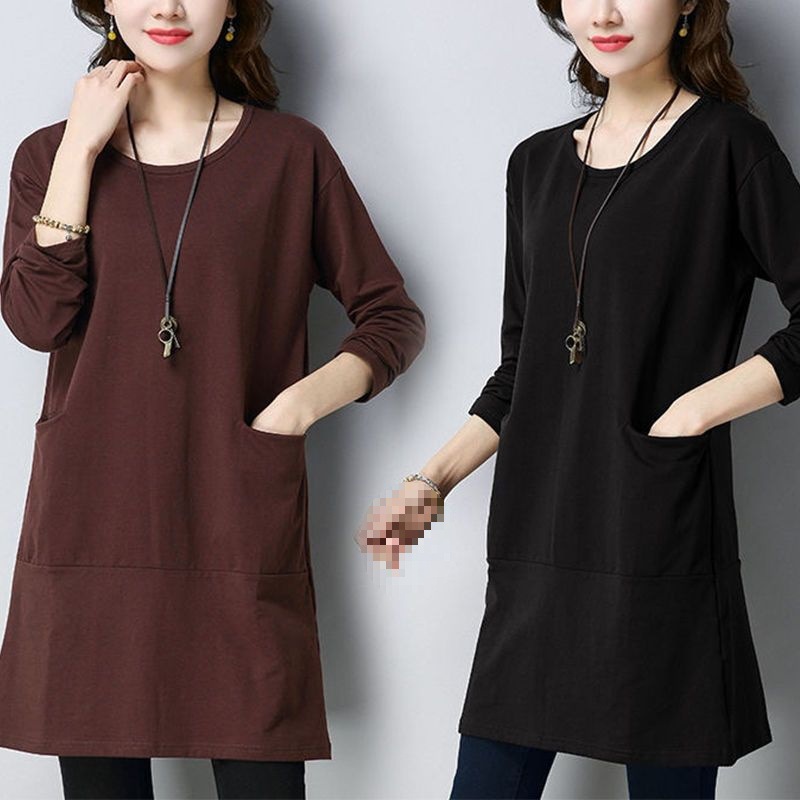 2025年上衣中年秋衣加大码女装长袖恤外穿宽松打底衫圆领加肥妈妈