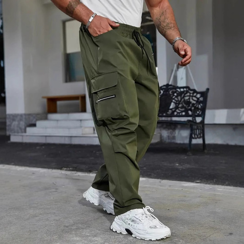 2025 Cross-border New Men's Outdoor Workwear Pants Loose Sports Casual Multi-Pocket Functional Elastic Cord Zipper