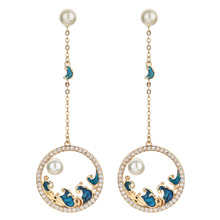 跨境时尚气质海浪长款流苏滴油微镶锆石耳环女性简约婚礼珠宝耳饰