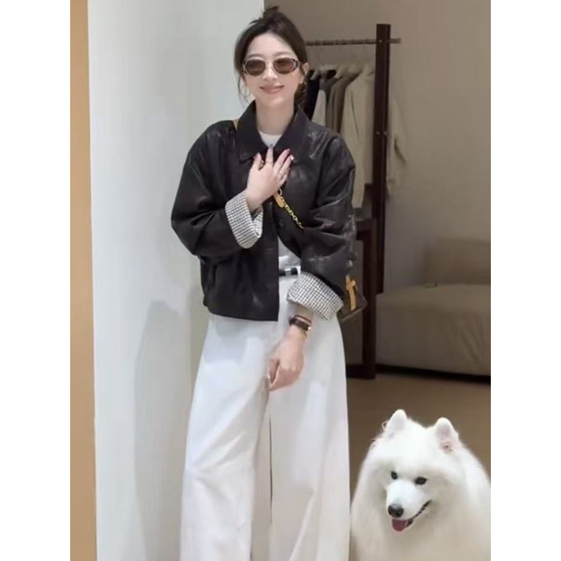 European Design Polo Collar Short Leather Jacket for Women 2025 Autum New Small Plaid Cuff Jacket