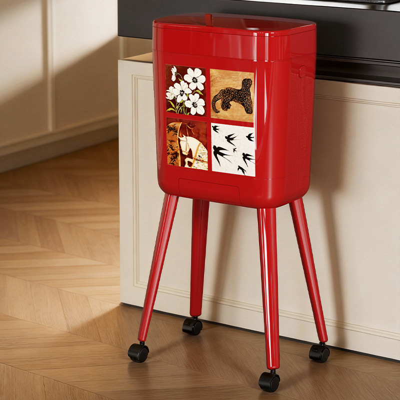 Red high-legged trash can with wheels, large-capacity flip-top design for home use in kitchen, living room, and bathroom, creative storage bin Red high-legged trash can with wheels, large-capacity flip-top design for home use in kitchen, living room, and bathroom, creative storage bin