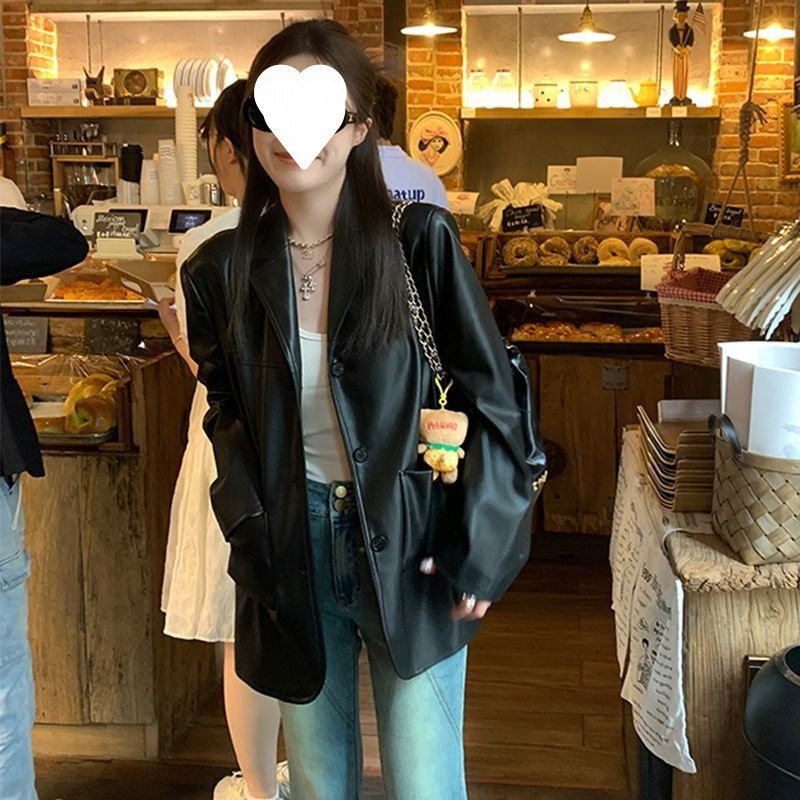 设计感西装皮衣外套女2025新款韩系机车风高街时尚黑色PU小西服潮|undefined