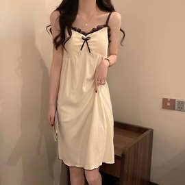 吊带睡裙女夏季带胸垫女士网红风学生花边杏色家居服睡衣裙子夏天
