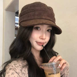 出口纯色马术帽麂皮绒平顶鸭舌帽女休闲百搭日系春秋八角帽显脸小